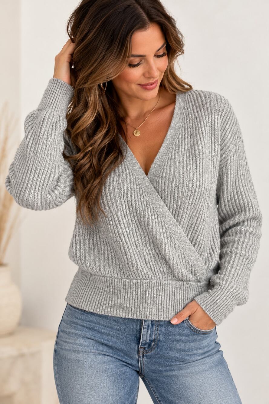 NEW Michael Stars Heather Grey Laurel Surplice Wool Sequin Faux Wrap Sweater XLP
